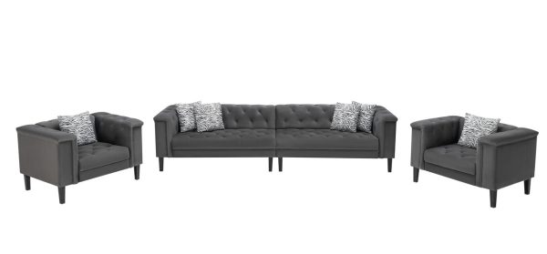 Mary Dark Gray Velvet Tufted Sofa 2 Chairs Living Room Set With 6 Accent Pillows - Image 5