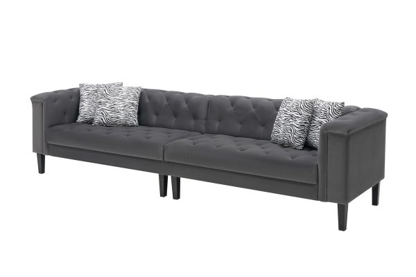 Mary 120"W Dark Gray Velvet Tufted Sofa With Accent 4 Pillows - Image 2