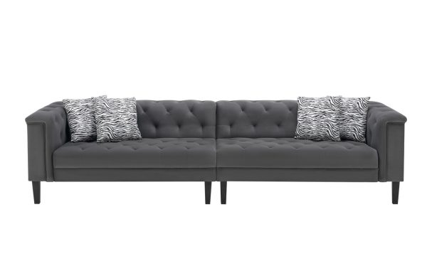 Mary 120"W Dark Gray Velvet Tufted Sofa With Accent 4 Pillows - Image 3