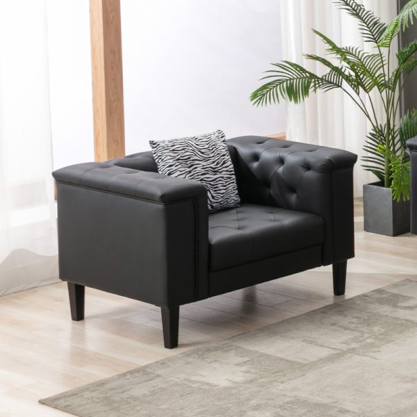 Sarah 44"W Black Vegan Leather Tufted Chair With 1 Accent Pillow