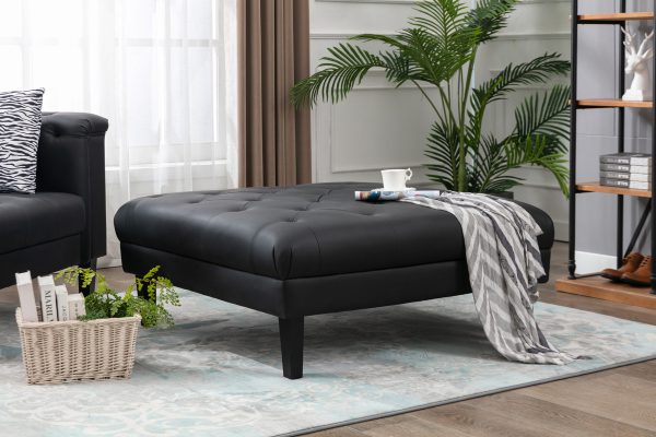 Sarah 44"W Black Vegan Leather Tufted Ottoman