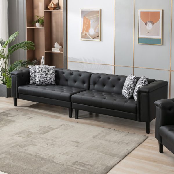 Sarah 120"W Black Vegan Leather Tufted Sofa With 4 Accent Pillows