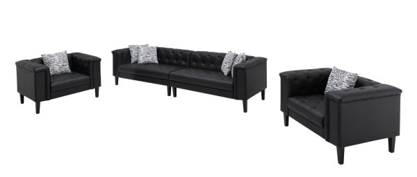 Sarah Black Vegan Leather Tufted Sofa 2 Chairs Living Room Set With 6 Accent Pillows - Image 4