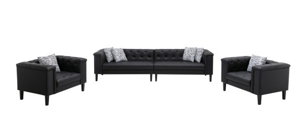 Sarah Black Vegan Leather Tufted Sofa 2 Chairs Living Room Set With 6 Accent Pillows - Image 3
