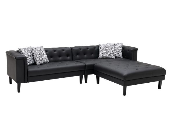 Sarah Black Vegan Leather Tufted Sofa Ottoman Living Room Set With 4 Accent Pillows - Image 5