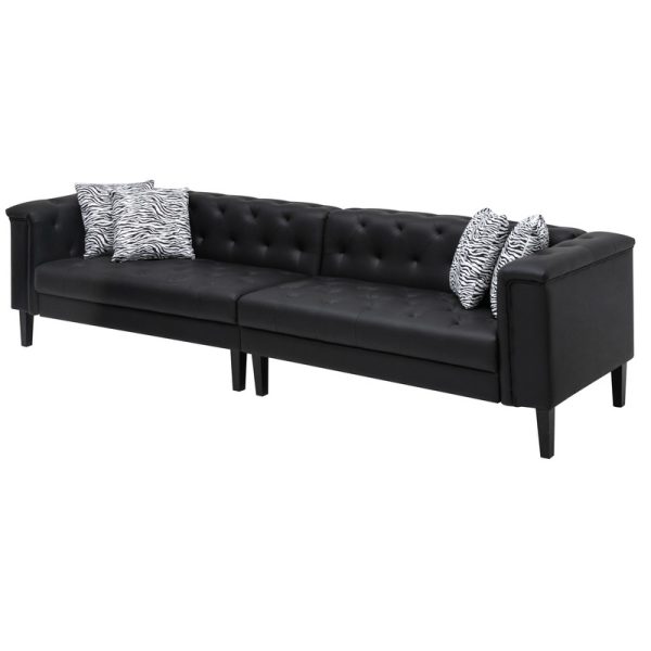 Sarah Black Vegan Leather Tufted Sofa Ottoman Living Room Set With 4 Accent Pillows - Image 3