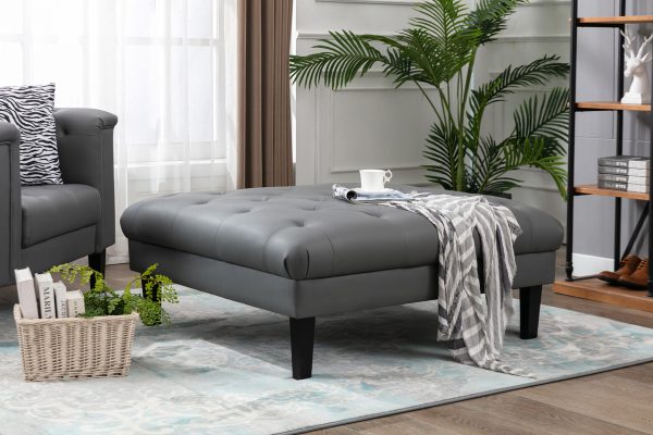 Sarah 44"W Gray Vegan Leather Tufted Ottoman