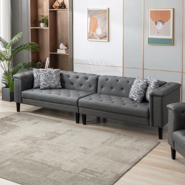 Sarah 120"W Gray Vegan Leather Tufted Sofa With 4 Accent Pillows