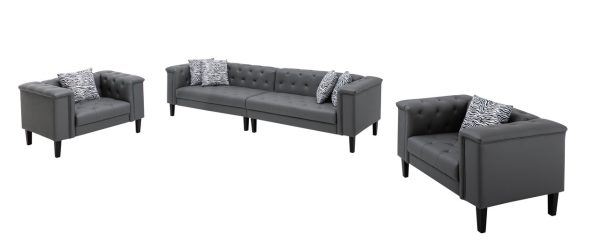 Sarah Gray Vegan Leather Tufted Sofa 2 Chairs Living Room Set With 6 Accent Pillows - Image 4