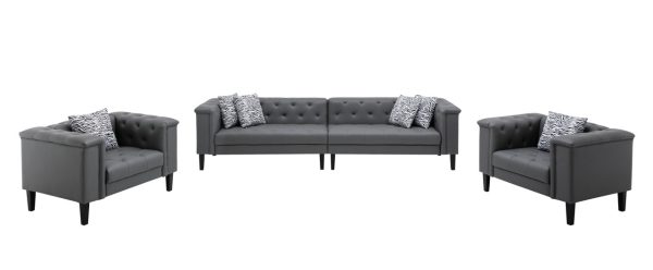 Sarah Gray Vegan Leather Tufted Sofa 2 Chairs Living Room Set With 6 Accent Pillows - Image 3