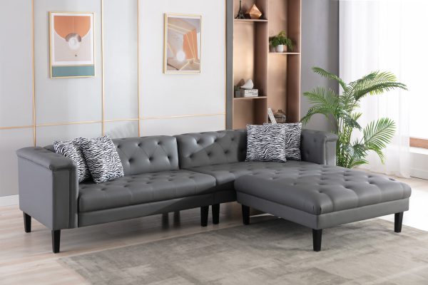 Sarah Gray Vegan Leather Tufted Sofa Ottoman Living Room Set With 4 Accent Pillows