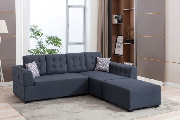 Ordell 92"W Dark Gray Linen Fabric Sectional Sofa with Right Facing Chaise Ottoman and Pillows