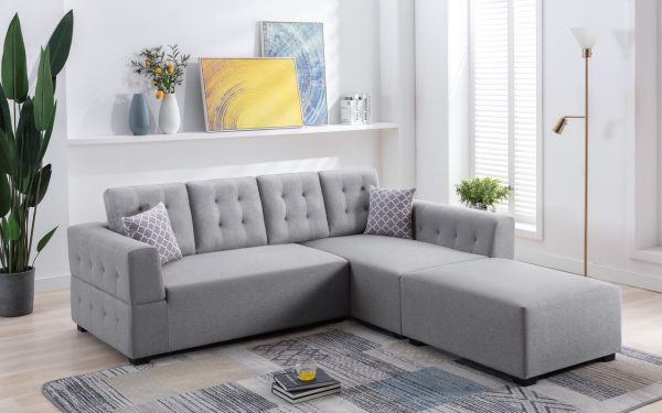 Ordell 92"W Light Gray Linen Fabric Sectional Sofa with Right Facing Chaise Ottoman and Pillows