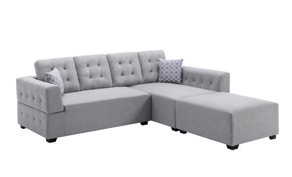 Ordell 92"W Light Gray Linen Fabric Sectional Sofa with Right Facing Chaise Ottoman and Pillows - Image 3