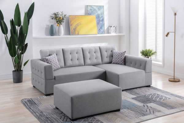Ordell 92"W Light Gray Linen Fabric Sectional Sofa with Right Facing Chaise Ottoman and Pillows - Image 2