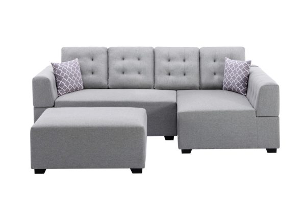 Ordell 92"W Light Gray Linen Fabric Sectional Sofa with Right Facing Chaise Ottoman and Pillows - Image 6