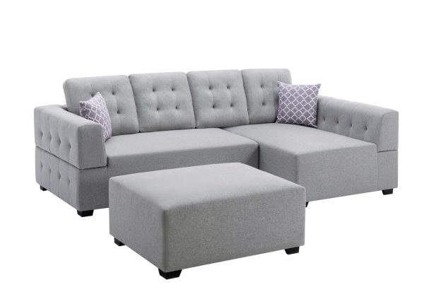 Ordell 92"W Light Gray Linen Fabric Sectional Sofa with Right Facing Chaise Ottoman and Pillows - Image 5