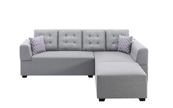 Ordell 92"W Light Gray Linen Fabric Sectional Sofa with Right Facing Chaise Ottoman and Pillows - Image 4