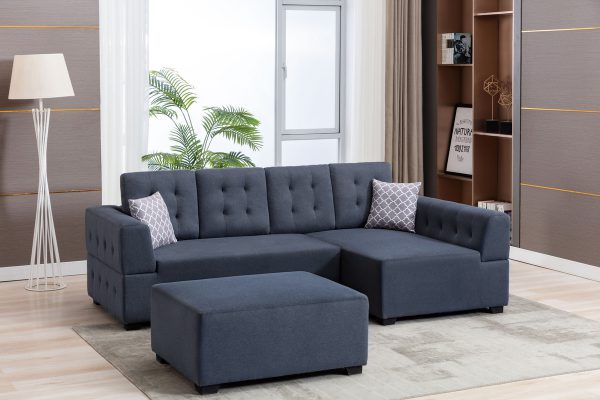 Ordell 92"W Dark Gray Linen Fabric Sectional Sofa with Right Facing Chaise Ottoman and Pillows - Image 5