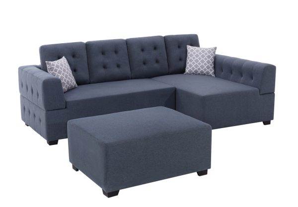 Ordell 92"W Dark Gray Linen Fabric Sectional Sofa with Right Facing Chaise Ottoman and Pillows - Image 3