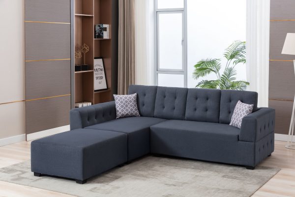 Ordell 92"W Dark Gray Linen Fabric Sectional Sofa with Left Facing Chaise Ottoman and Pillows