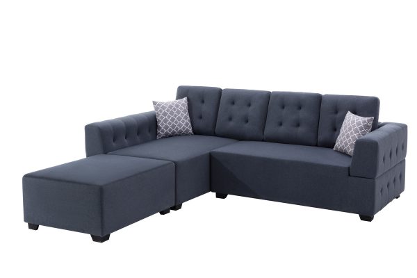 Ordell 92"W Dark Gray Linen Fabric Sectional Sofa with Left Facing Chaise Ottoman and Pillows - Image 4