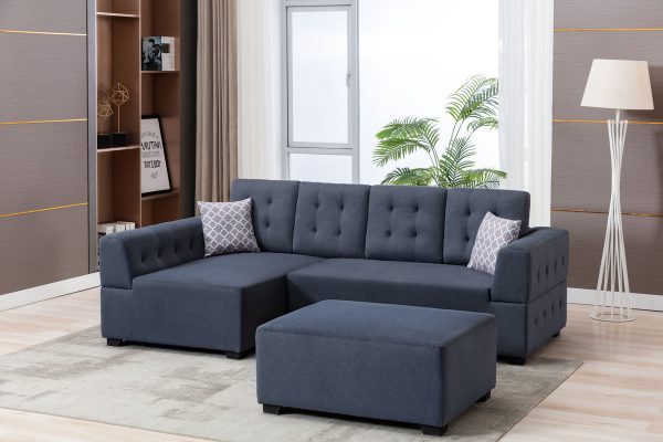 Ordell 92"W Dark Gray Linen Fabric Sectional Sofa with Left Facing Chaise Ottoman and Pillows - Image 3