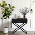 Koda 23"W Black Wooden End Side Table Nightstand with Glass Top, Drawer and Metal Cross Base