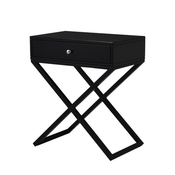 Koda 23"W Black Wooden End Side Table Nightstand with Glass Top, Drawer and Metal Cross Base - Image 5