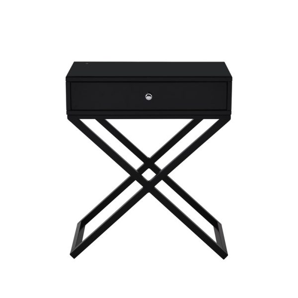 Koda 23"W Black Wooden End Side Table Nightstand with Glass Top, Drawer and Metal Cross Base - Image 4