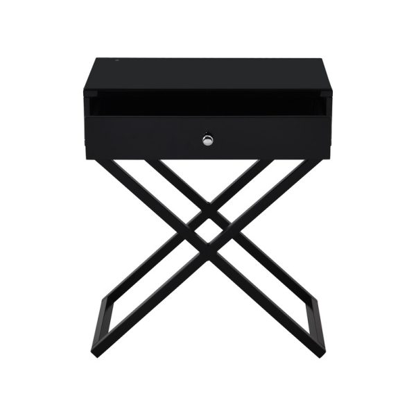 Koda 23"W Black Wooden End Side Table Nightstand with Glass Top, Drawer and Metal Cross Base - Image 3