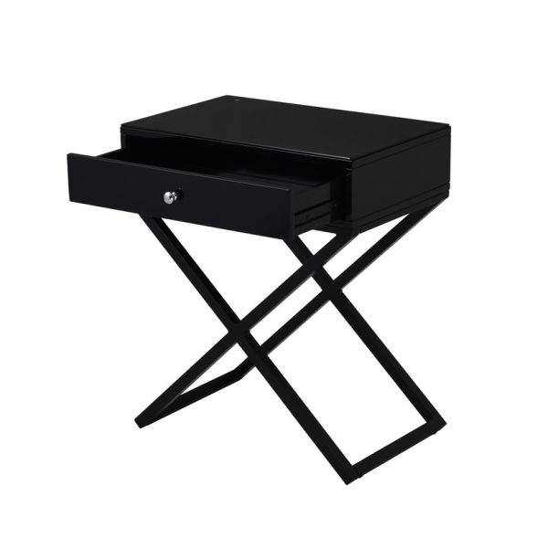 Koda 23"W Black Wooden End Side Table Nightstand with Glass Top, Drawer and Metal Cross Base - Image 2