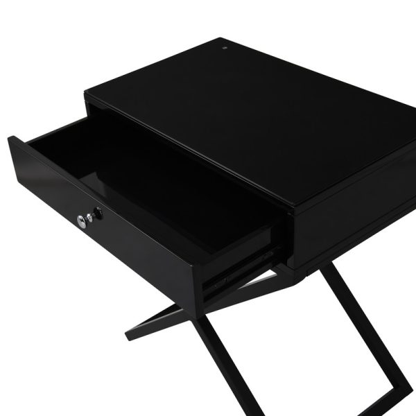 Koda 23"W Black Wooden End Side Table Nightstand with Glass Top, Drawer and Metal Cross Base - Image 6