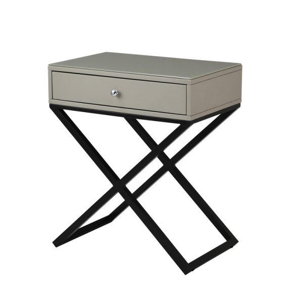 Koda 23"W Taupe Wooden End Side Table Nightstand with Glass Top, Drawer and Metal Cross Base - Image 4