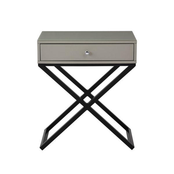 Koda 23"W Taupe Wooden End Side Table Nightstand with Glass Top, Drawer and Metal Cross Base - Image 3