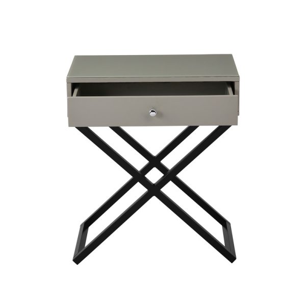 Koda 23"W Taupe Wooden End Side Table Nightstand with Glass Top, Drawer and Metal Cross Base - Image 2