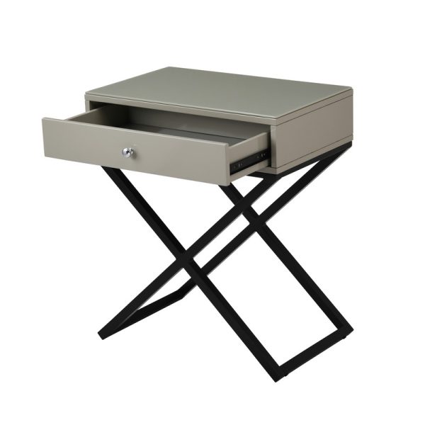 Koda 23"W Taupe Wooden End Side Table Nightstand with Glass Top, Drawer and Metal Cross Base - Image 6