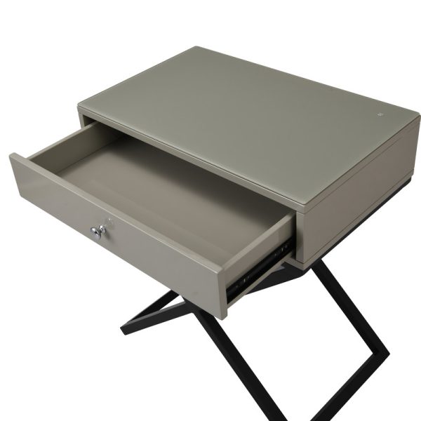 Koda 23"W Taupe Wooden End Side Table Nightstand with Glass Top, Drawer and Metal Cross Base - Image 5