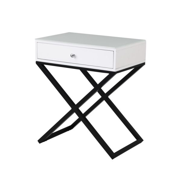 Koda 23"W White Wooden End Side Table Nightstand with Glass Top, Drawer and Metal Cross Base - Image 4