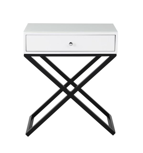 Koda 23"W White Wooden End Side Table Nightstand with Glass Top, Drawer and Metal Cross Base - Image 3
