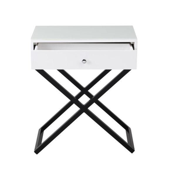 Koda 23"W White Wooden End Side Table Nightstand with Glass Top, Drawer and Metal Cross Base - Image 2
