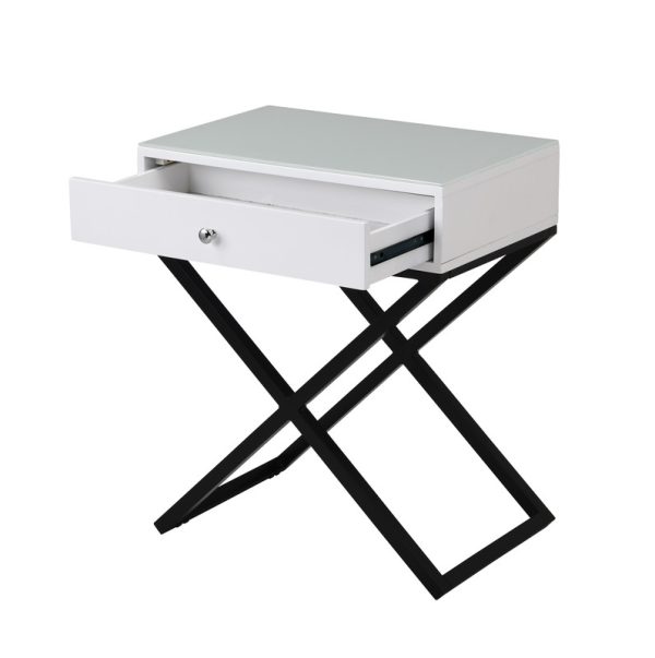 Koda 23"W White Wooden End Side Table Nightstand with Glass Top, Drawer and Metal Cross Base - Image 6