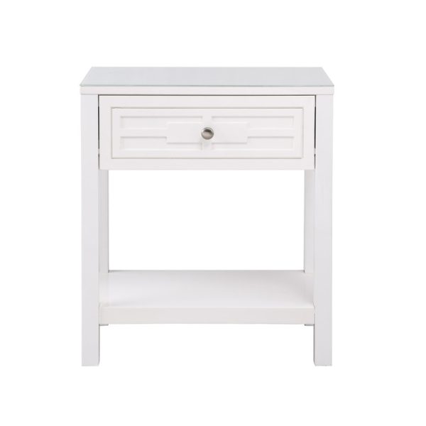 Dylan 23"W White Wooden End Side Table Nightstand with Glass Top and Drawer - Image 3