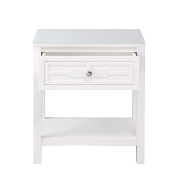 Dylan 23"W White Wooden End Side Table Nightstand with Glass Top and Drawer - Image 2