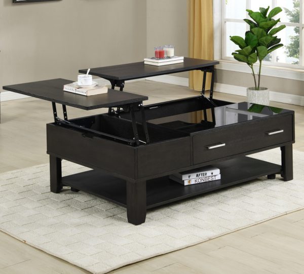 Bruno 48"W Ash Gray Wooden Lift Top Coffee Table with Tempered Glass Top and Drawer