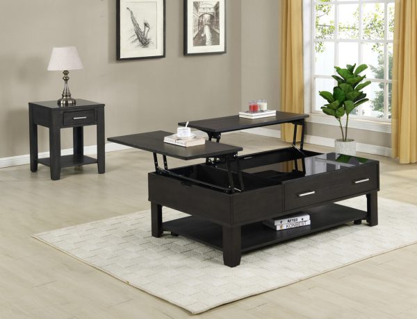 Bruno 2 Piece Ash Gray Wooden 48"W Lift Top Coffee and End Table Set with Tempered Glass Top and Drawer