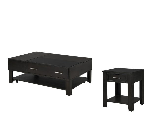 Bruno 2 Piece Ash Gray Wooden 48"W Lift Top Coffee and End Table Set with Tempered Glass Top and Drawer - Image 9