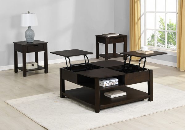 Flora 3 Piece Dark Brown MDF 36"W Lift Top Coffee and End Table Set