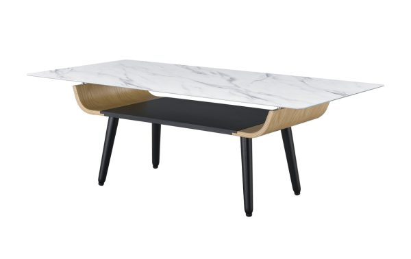 Landon 47"W Coffee Table with Glass White Marble Texture Top and Bent Wood Design - Image 3