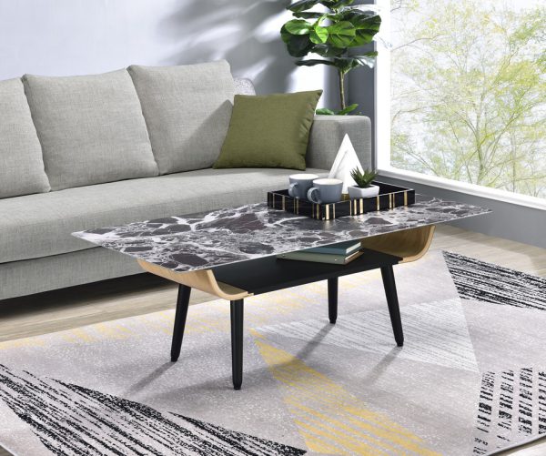 Landon 47"W Coffee Table with Glass Black Marble Texture Top and Bent Wood Design